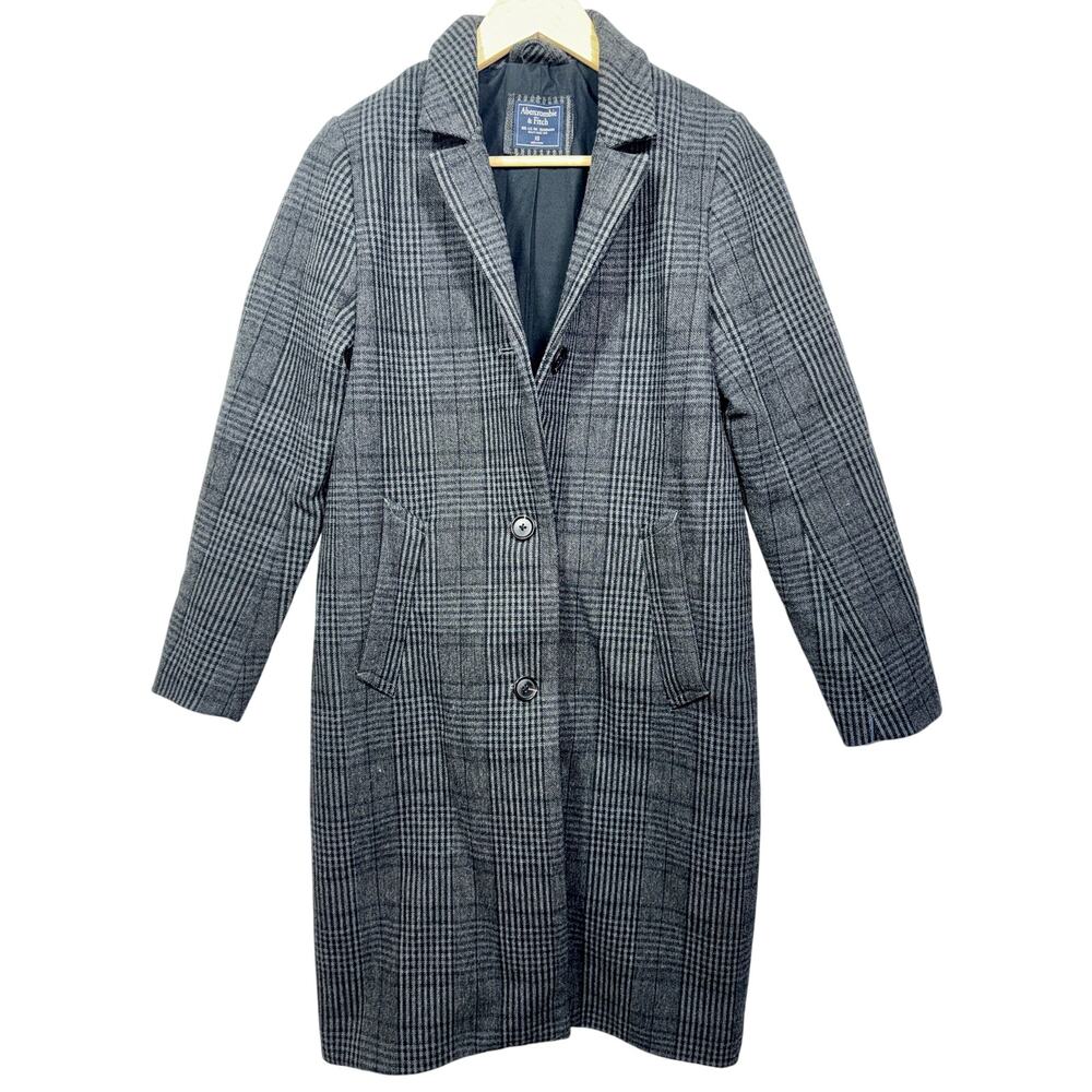 Abercrombie & Fitch Gray Black Wool Plaid Long Overcoat Pea Coat Jacket Women XS